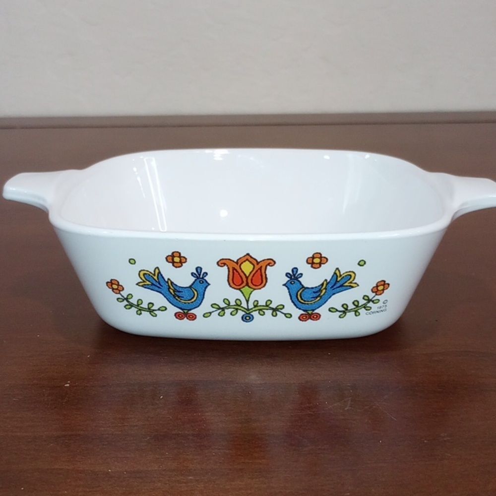 Corningware "Country Festival" Blue Birds And Tulip Cooking Dish, 1975!